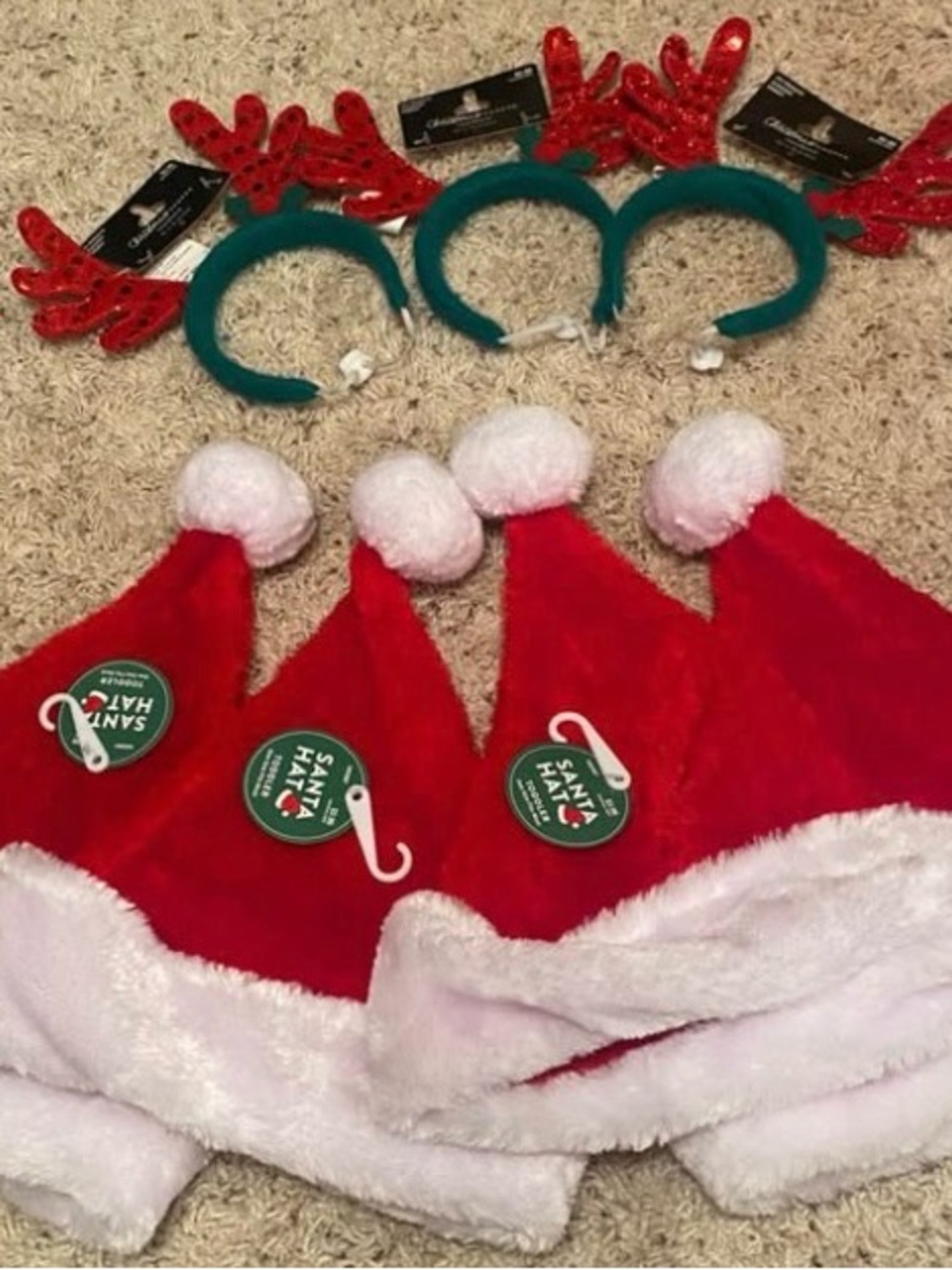 Hobby Lobby Red Santa Hats & Green Reindeer Antler Headbands Set of 7